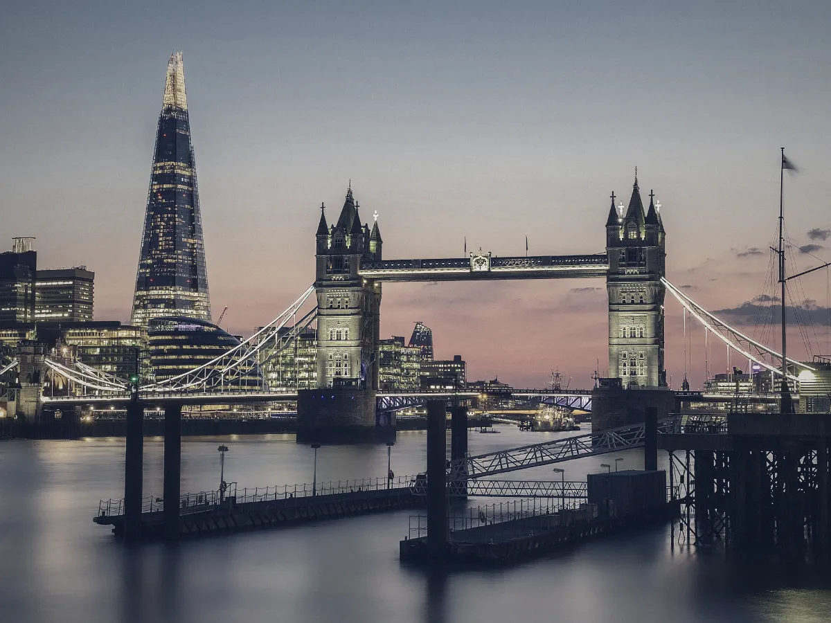 Tower Bridge and the Thames in London at sunset